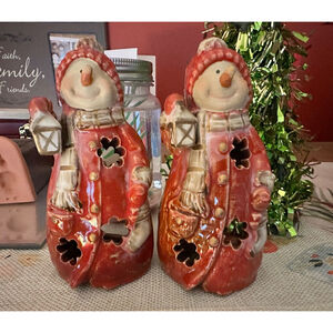 Snow Woman 2 Christmas Holiday Ceramic Tea Light Candle Holder Decor